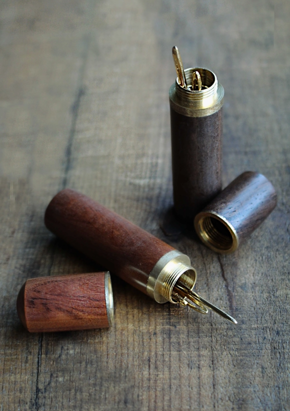Wooden Needle Case with 3 metal needles- Ebony