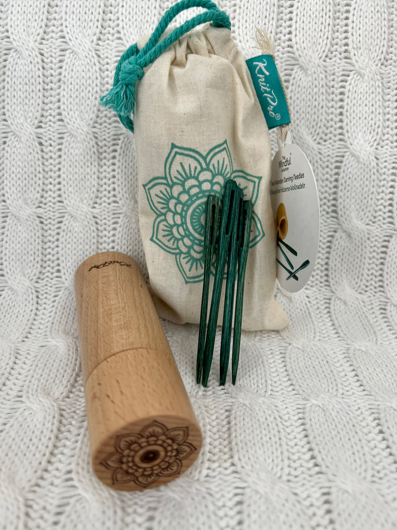 Knitpro Mindful Collection Teal Wooden Darning Needles and Container